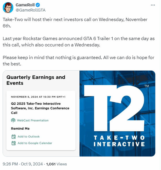 猜测《GTA6》新预告或将于11月6日公布：粉丝期待再次升温